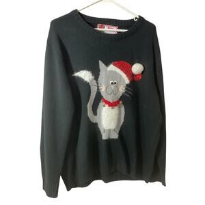 Vintage Merry Christmas Cat Sweater XL Bells & Sequins
